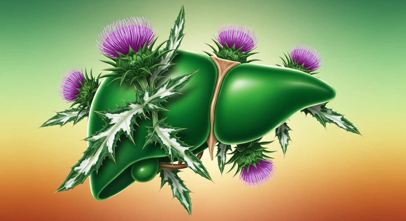 밀크씨슬 식물과 건강한 간이 조화롭게 어우러져 활력을 표현하는 이미지.