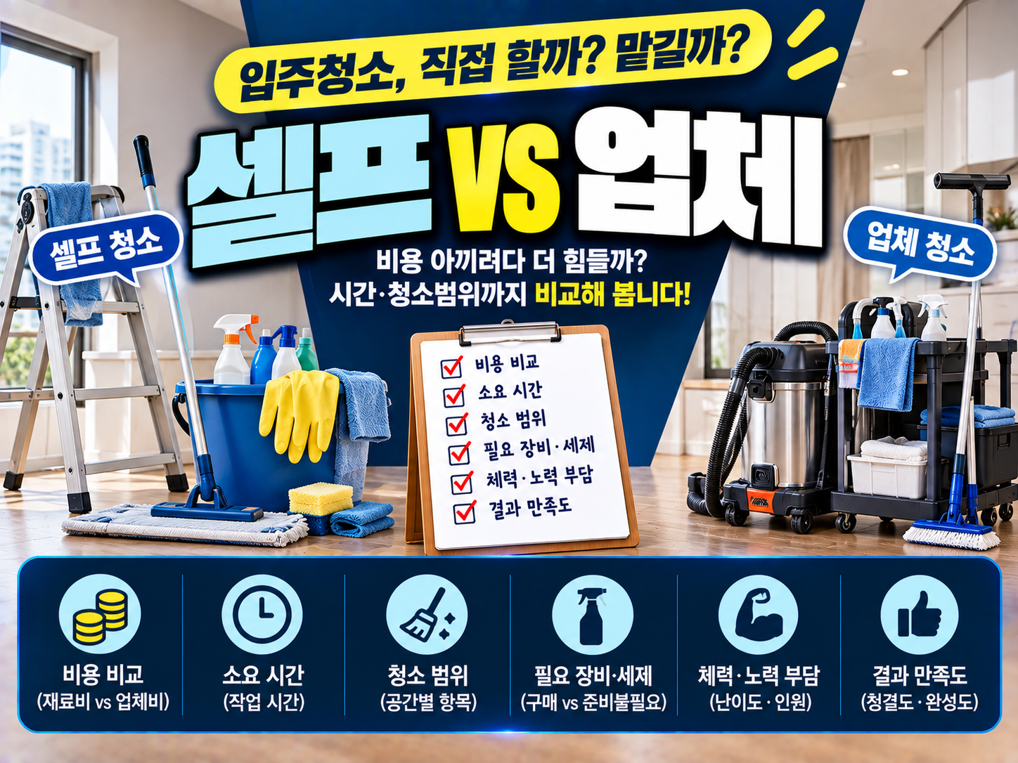 입주청소 셀프 vs 업체, 어느 쪽이 나을까요? 청소용품 비용과 작업시간부터 업체 청소범위·추가비용·견적까지 실제 입주 전 비교할 기준을 정리합니다.