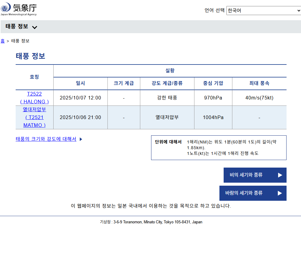 일본 여행, 일본 기상청에서 날씨, 태풍, 지진 실시간 확인
