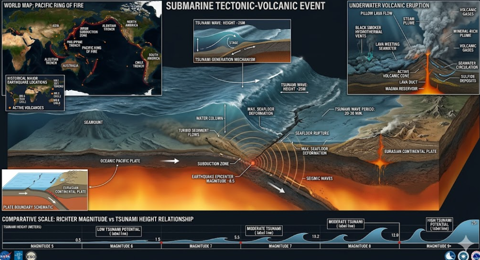 해양 지진 발생 원리와 해저 화산 분포 도식