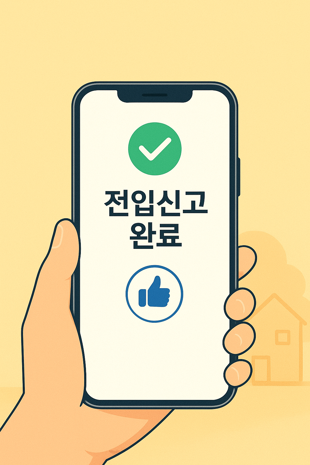 스마트폰에 '전입신고 완료' 메시지가 떠 있는 모습, 온라인 민원 처리의 신속하고 간편한 결과를 상징.