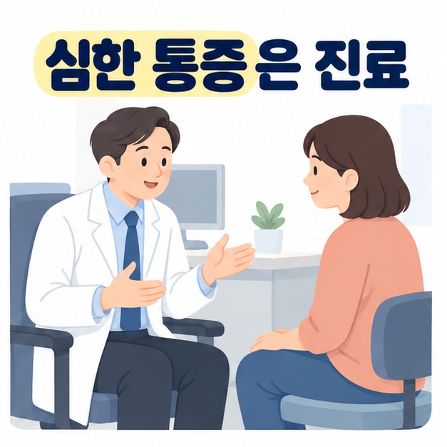 심한 통증은 진료 문구 아래 진료실에서 의사가 손짓하며 설명하고 여성이 듣는 그림