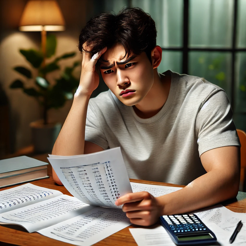 공부방에서 시험지의 오답을 확인하며 좌절한 표정을 짓는 젊은 남성