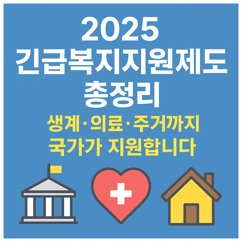 "2025년 긴급복지지원제도 요약을 안내하는 썸네일 이미지. 생계, 의료, 주거 지원 문구와 안전망을 상징하는 일러스트 포함."