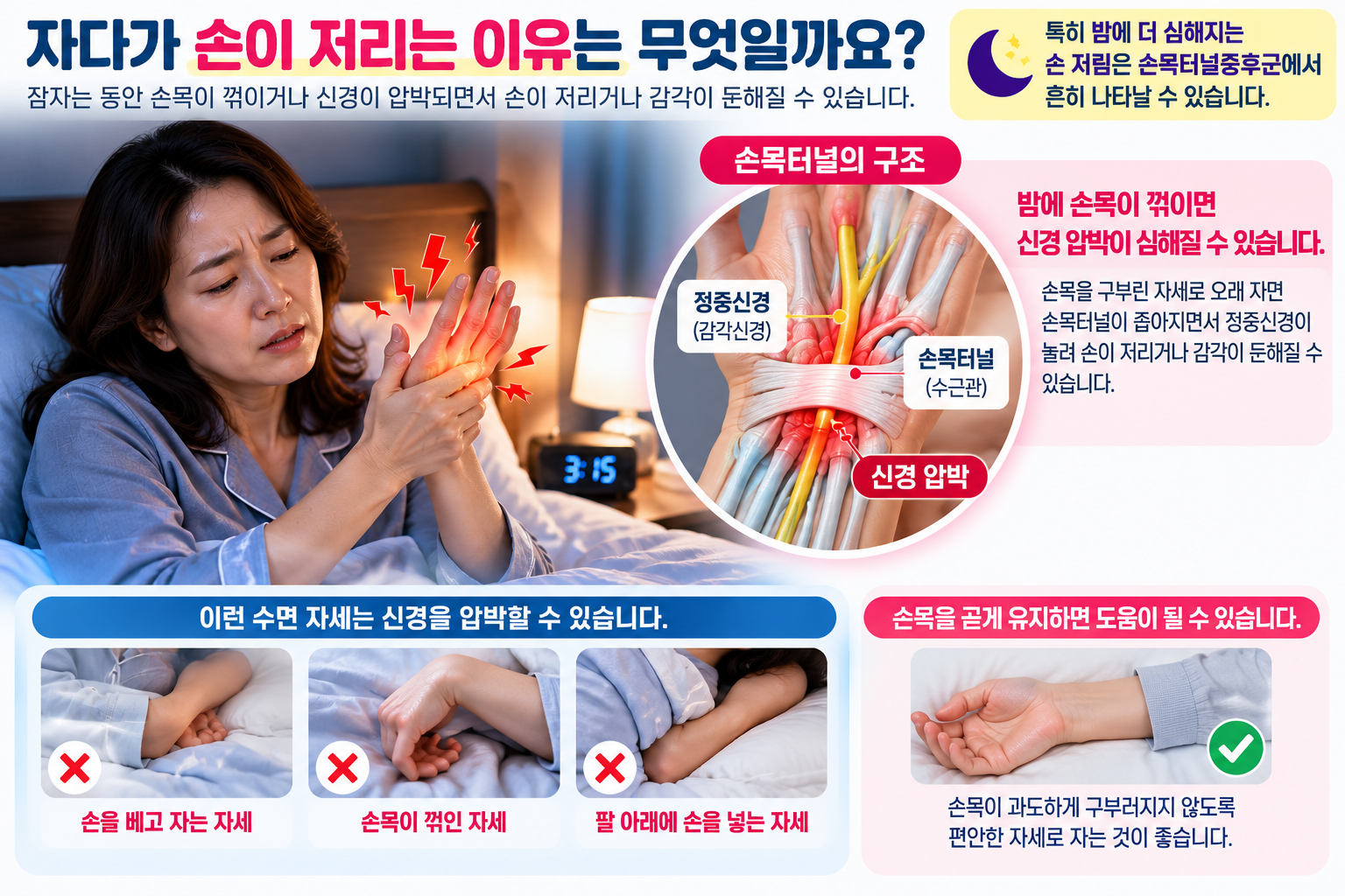 수면 중 손목 자세와 신경 압박을 설명한 그림