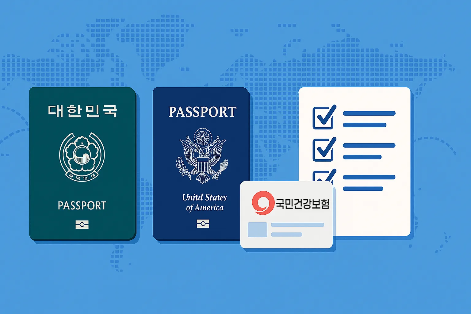 미국 여권과 한국 여권, 그리고 건강보험증이 나란히 놓여 있는 이미지