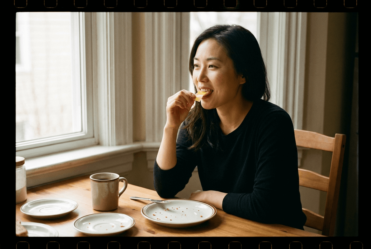 아침 식사 후 창가 테이블에 앉은 30대 여성이 황금빛 홍삼 필름 한 장을 입에 넣으며 미소 짓는 모습. 따뜻한 자연광과 커피잔이 여유로운 아침 루틴 분위기를 연출합니다.