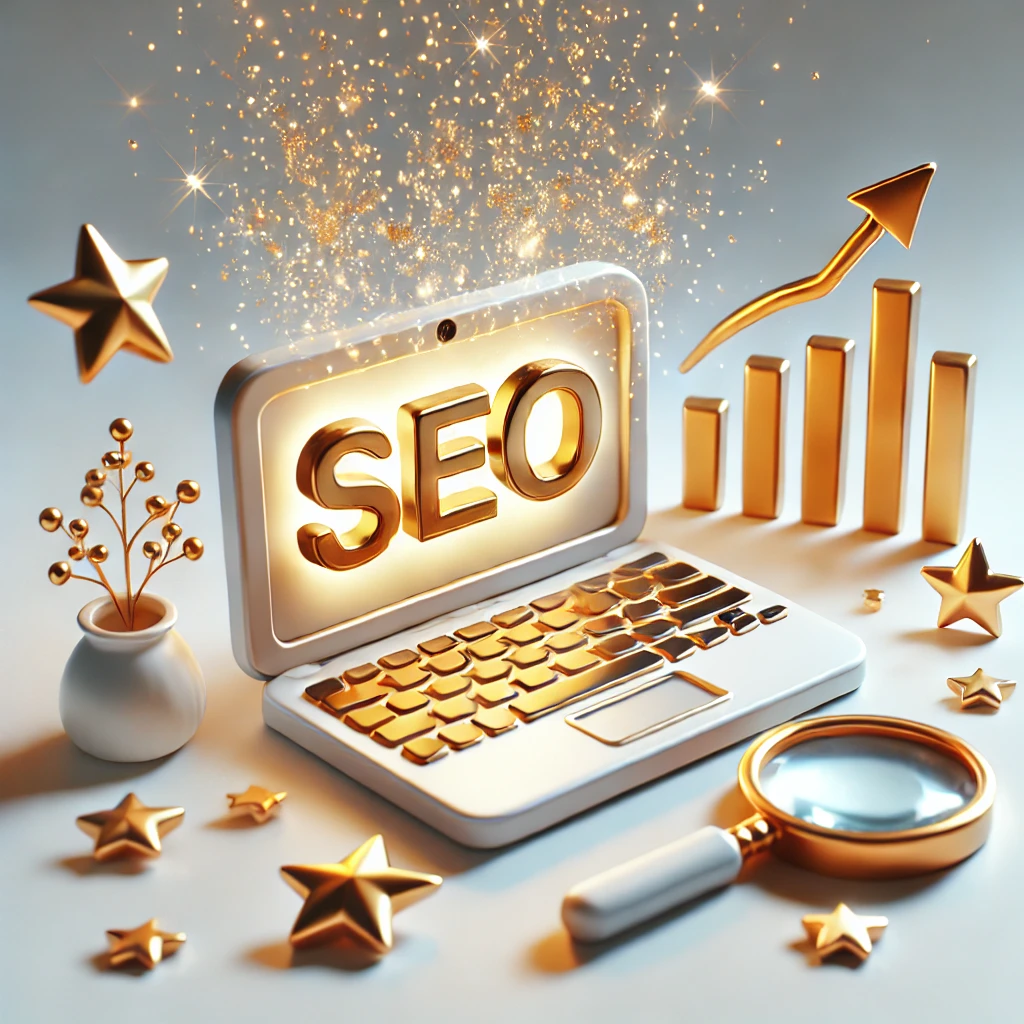 SEO 성공을 나타내는 작은 노트북이 중앙에 배치되어 있으며, 화면에는 빛나는 'SEO' 아이콘이 표시됨. 주변에는 떠 있는 황금색 별, 돋보기, 상승하는 그래프가 배치되어 블로그 최적화와 신뢰성을 강조하는 디자인