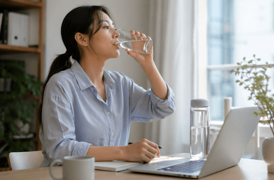 책상에 앉아 물을 마시고 있는 여자