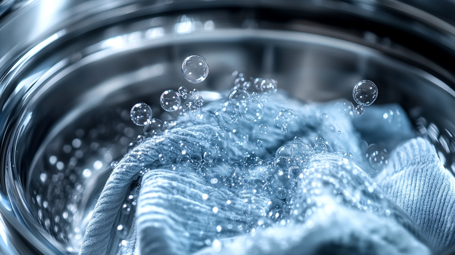 삼성 WF24D22CEEE의 AI 버블 기술로 섬세한 천이 부드러운 비눗방울로 세탁되는 근접 촬영 장면
