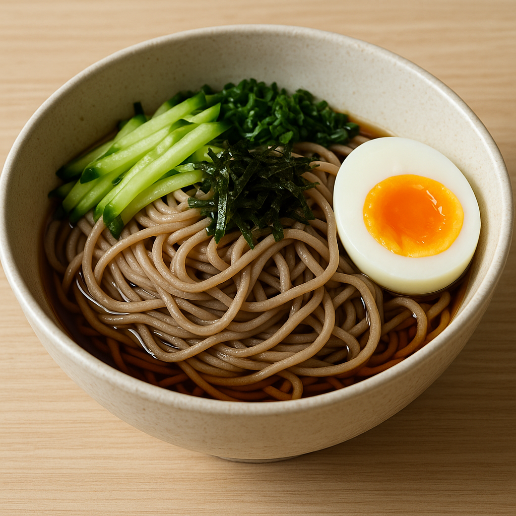 실사에 가까운 메밀국수 한 그릇. 그릇 안에는 삶은 메밀면 위에 오이채, 반숙계란, 김가루가 올려져 있고, 옆에는 간장 디핑 소스가 함께 놓여 있는 모습. 당뇨 환자도 즐길 수 있는 건강한 한 끼 식사.
