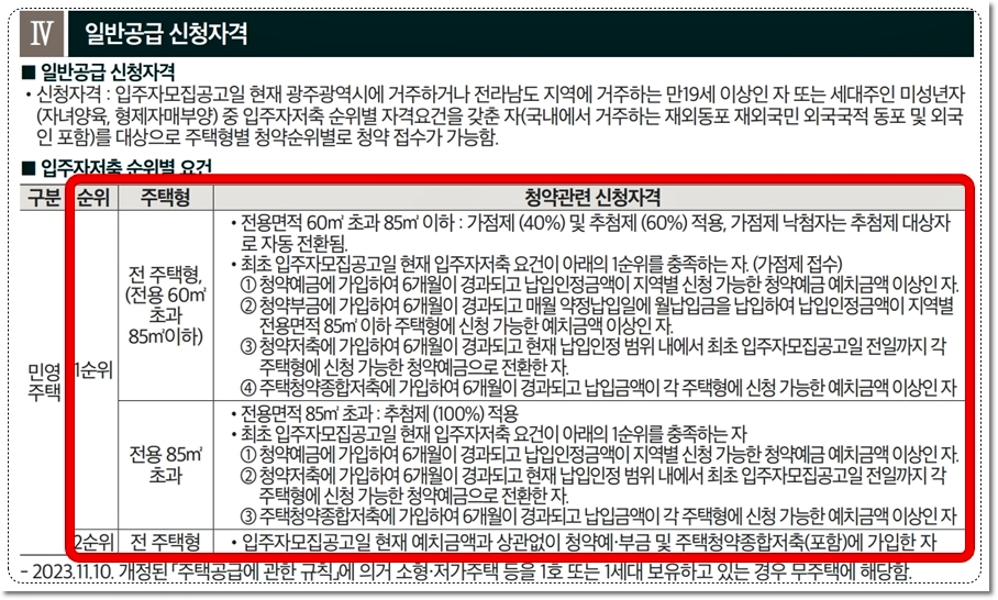 광주 위파크 일곡공원 아파트 일반공급 신청자격 조건