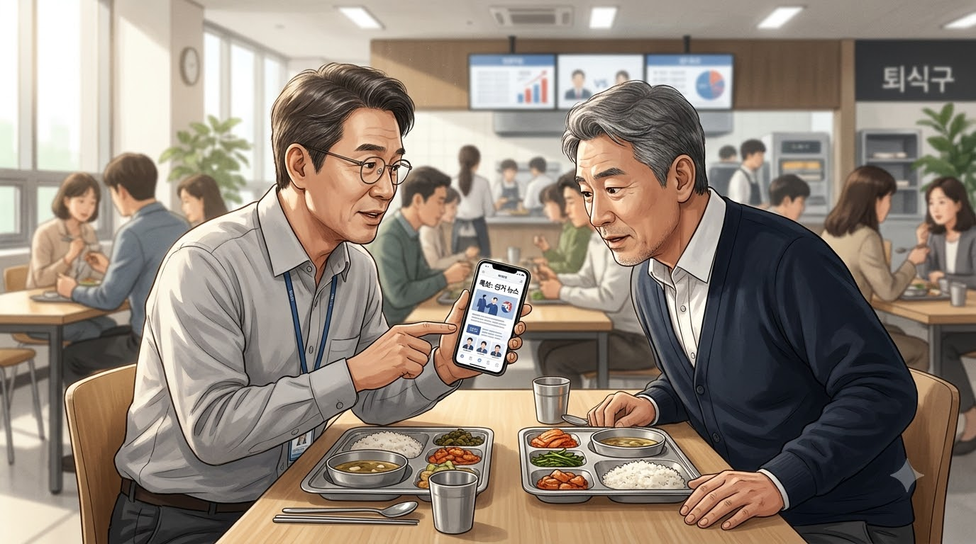 회사 구내식당에서 식판을 앞에 두고 휴대폰 속 미국 선거 뉴스를 보며 이야기하는 50대 직장인 두 명