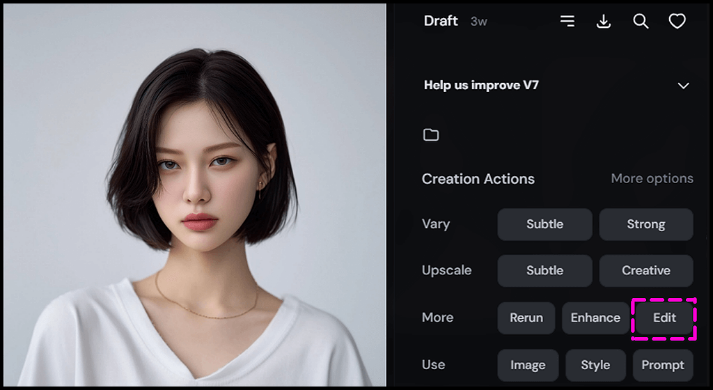 Midjourney Edit 기능에서 생성 이미지의 옵션 버튼을 통해 바로 편집 모드로 이동하는 UI 화면_Midjourney