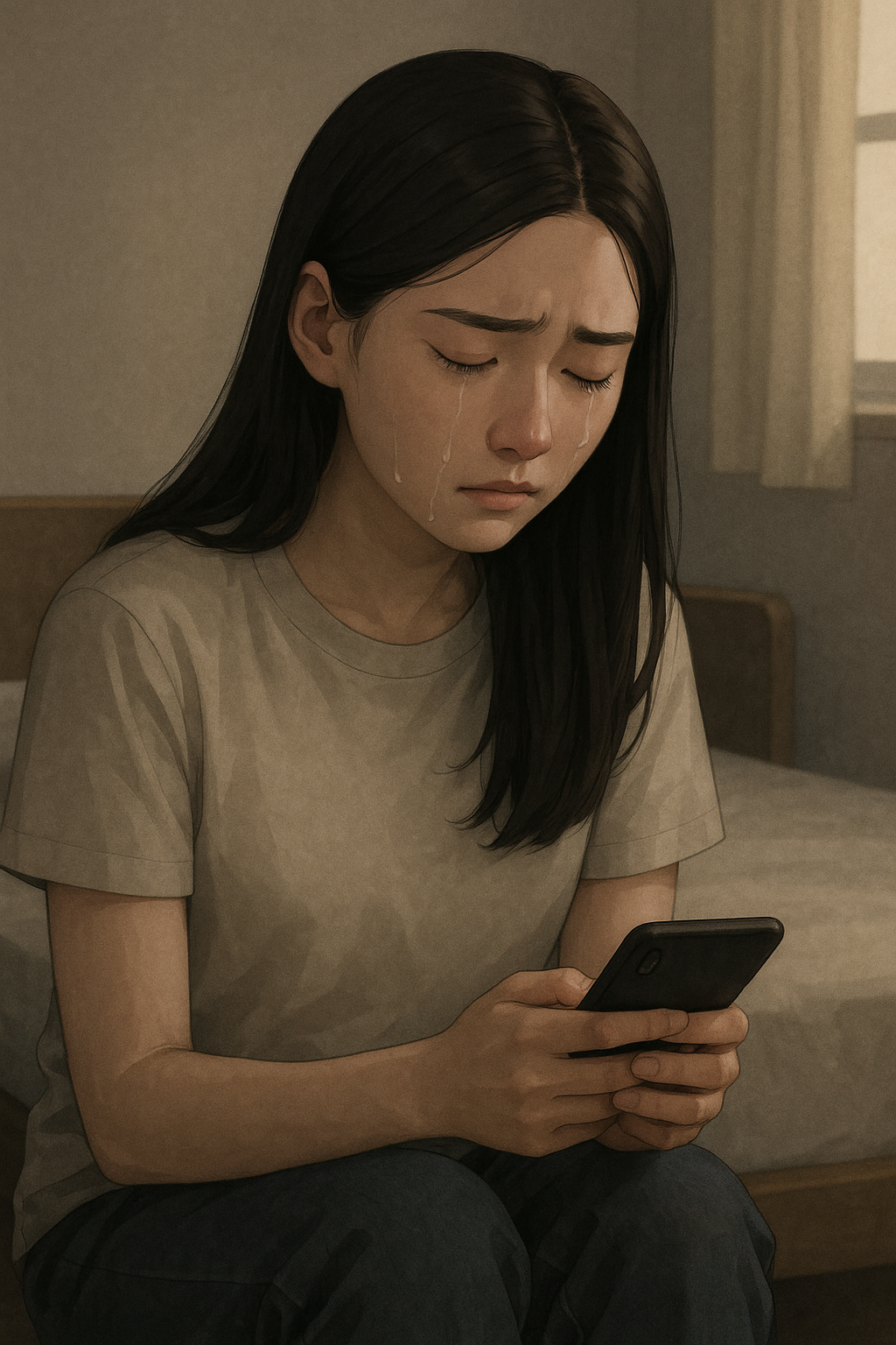 휴대폰을 보며 울고 있는 여성 - 글을 읽는 독자의 감정