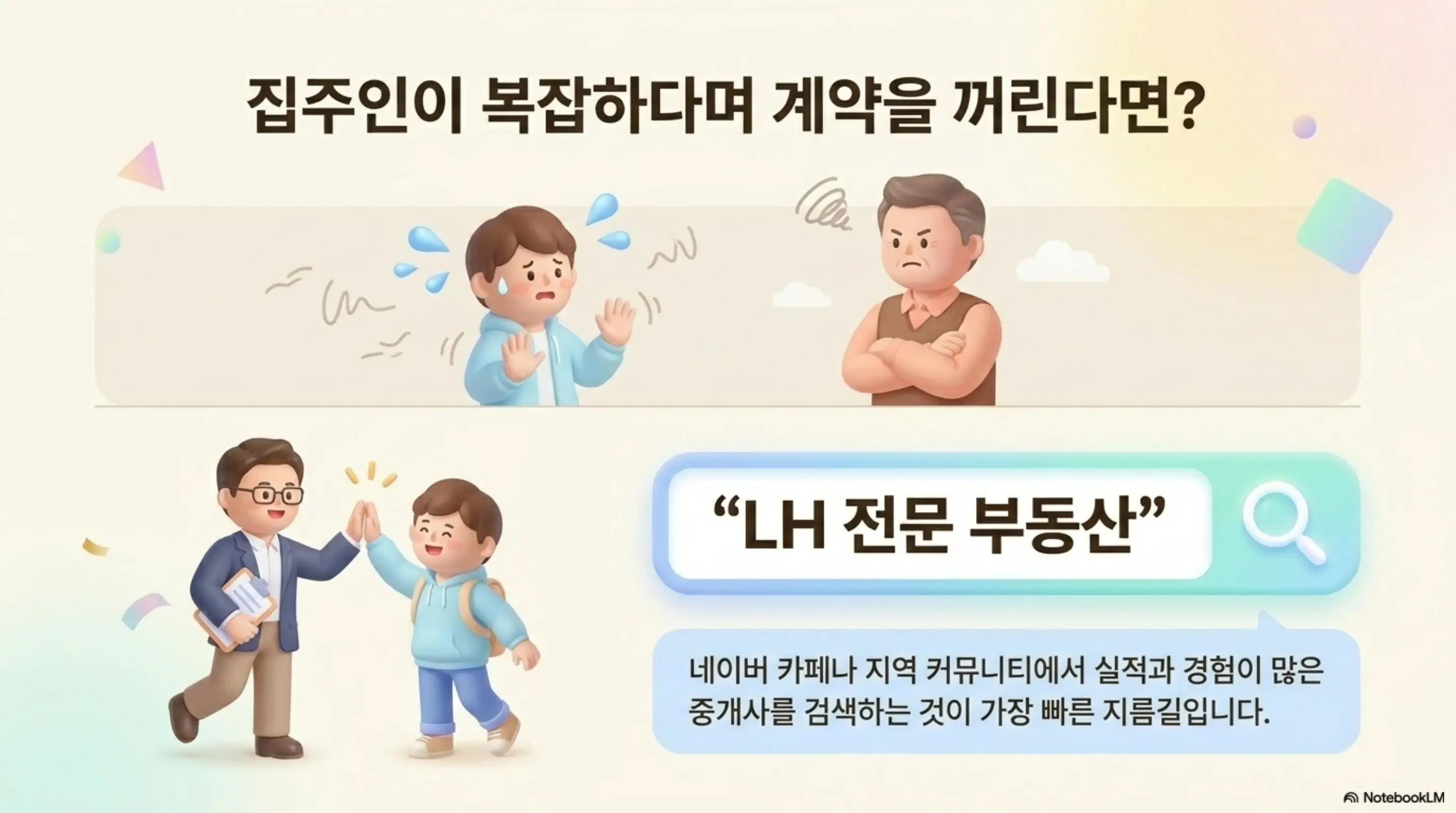 LH 전세임대주택 조건: 집주인이 LH 전세임대 계약을 꺼리는 상황과 해결 방법을 보여주는 일러스트. 네이버 카페나 지역 커뮤니티에서 LH 전문 부동산을 검색하여 실적과 경험이 많은 중개사를 찾는 것이 가장 빠른 지름길이라는 실전 팁을 시각적으로 전달함
