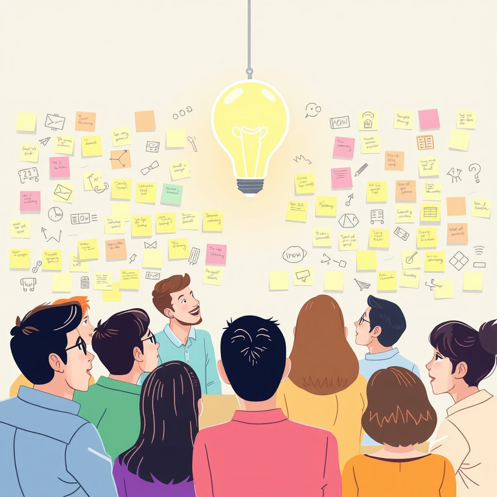 브레인스토밍, 아이디어 전구, 사람들의 회의, 포스트잇 가득한 벽
