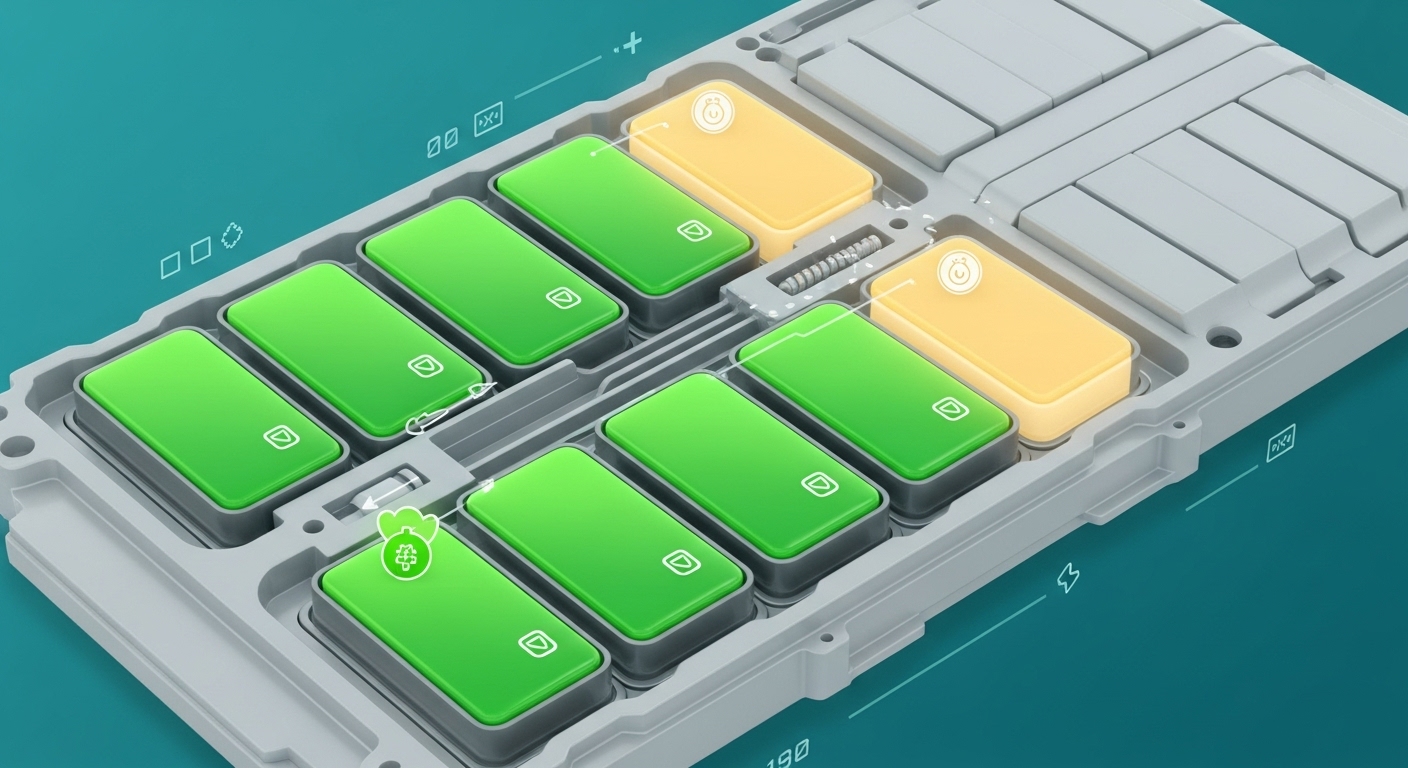 하이브리드 배터리 셀의 건강 상태를 시각적으로 보여주는 인포그래픽으로, 정상 셀과 주의가 필요한 셀을 나타냅니다.