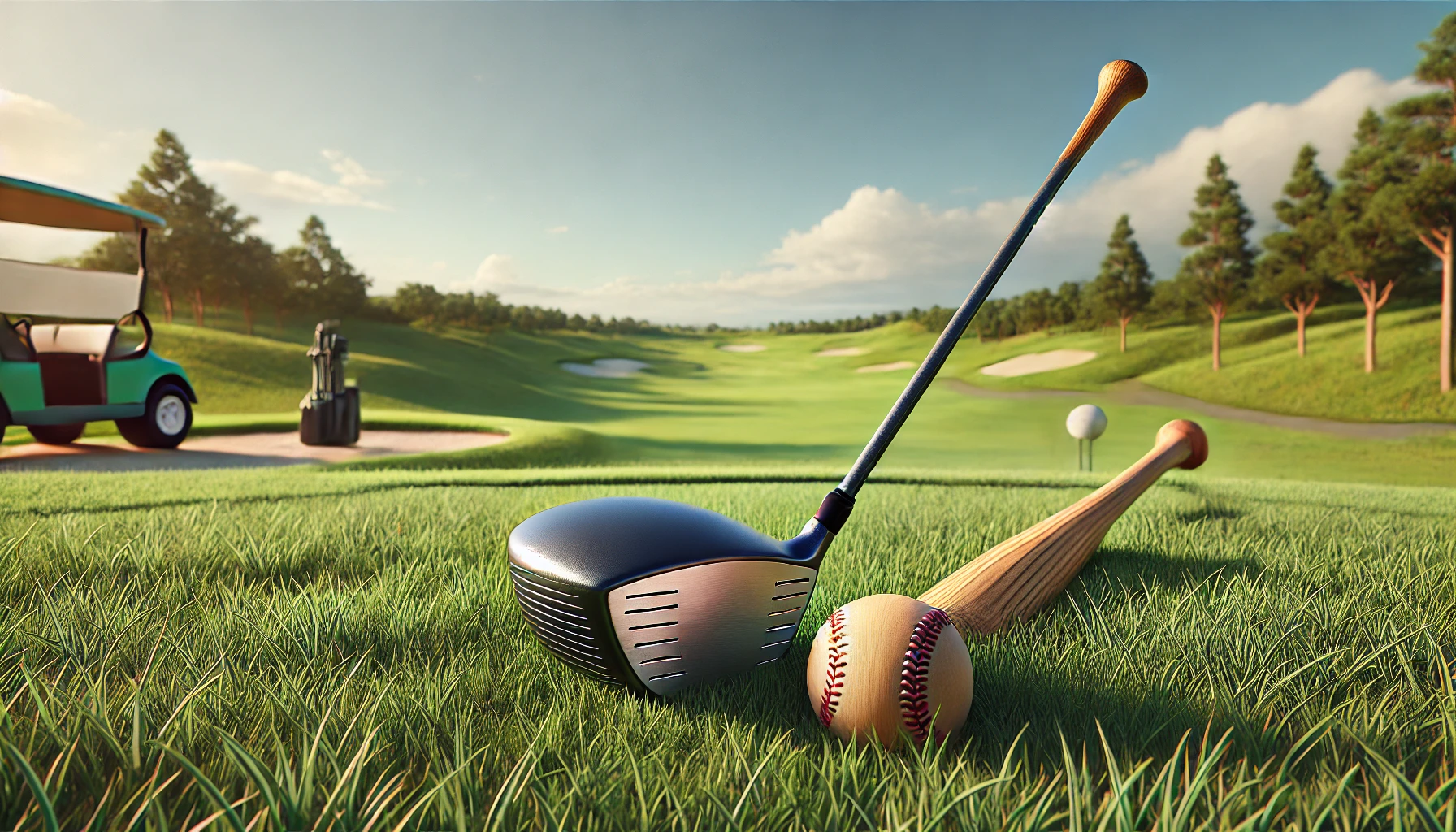 골프장 잔디에 놓인 드라이버와 야구 배트의 사진