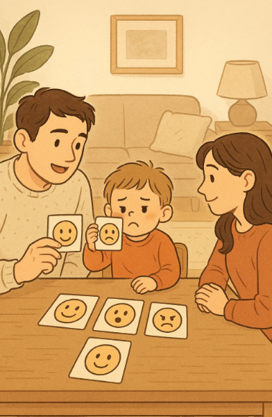 감정카드를 보며 감정을 이야기하는 3세 아기와 부모