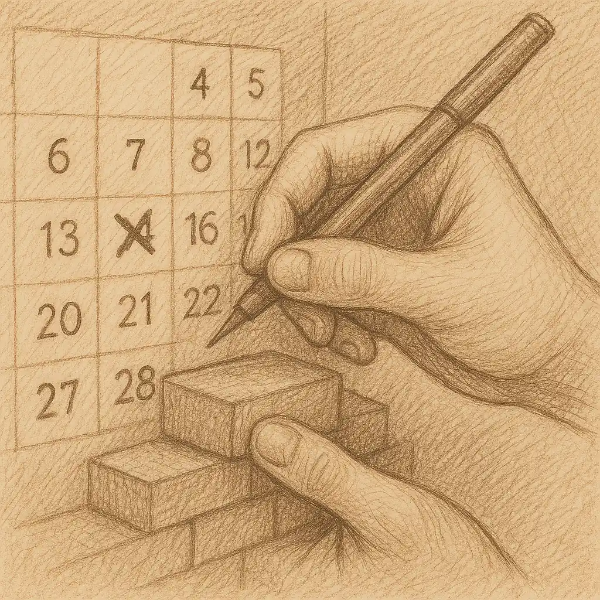 달력에 날짜를 표시하며 벽돌을 쌓는 손의 펜 드로잉