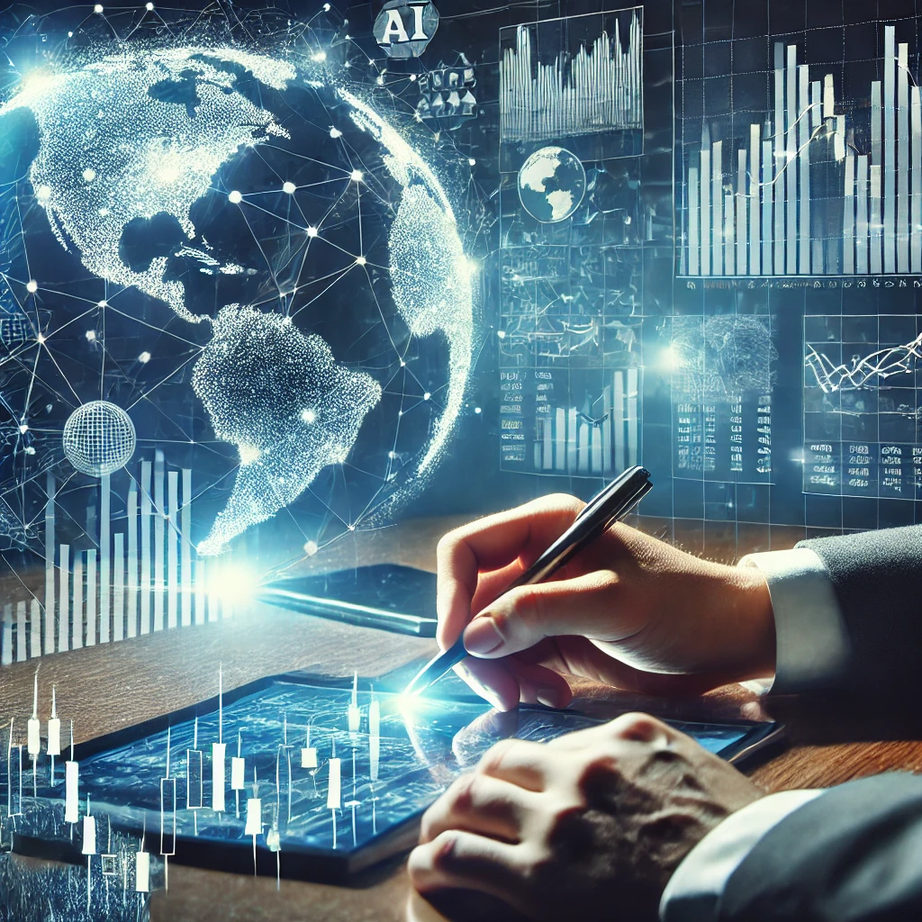 "AI 기반으로 해외 주식 시장을 분석하는 투자자. 고급 알고리즘과 빅데이터 분석을 통해 미래 주가 변동성을 예측하는 모습."