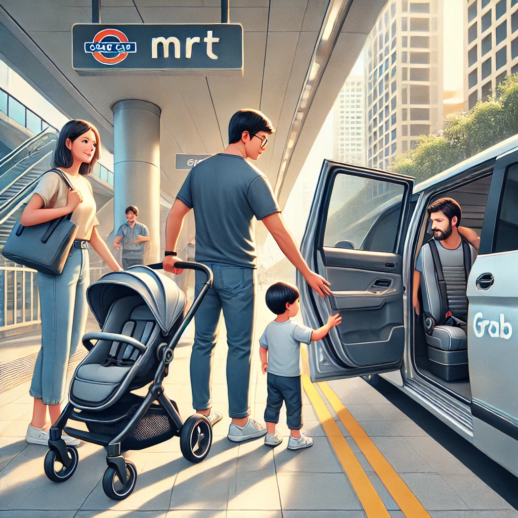 MRT에서 유모차를 끌고 있는 가족, Grab 차량에 탑승하는 부모와 아이