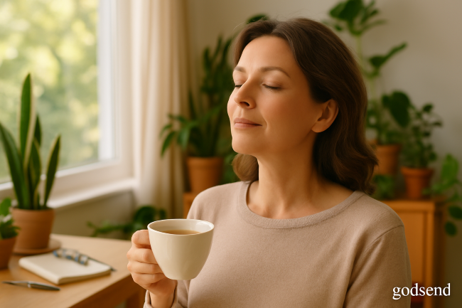 창가에 앉아 따뜻한 햇살 아래 눈을 감고 휴식을 취하는 중년 여성의 모습, 눈 건강을 위한 릴렉스 루틴을 실천하는 장면