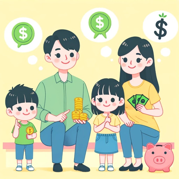 어린이 통장교육의 중요성을 설명한 그림 엄마와 아빠와 아이들이 함께 해야함