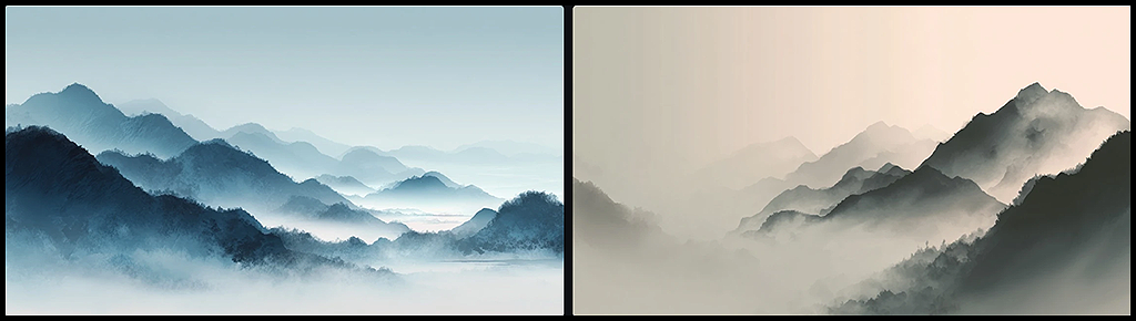 수묵 산수화의 안개 낀 산을 재해석한 미니멀 웹사이트 UI 배경 그라데이션 _Midjourney