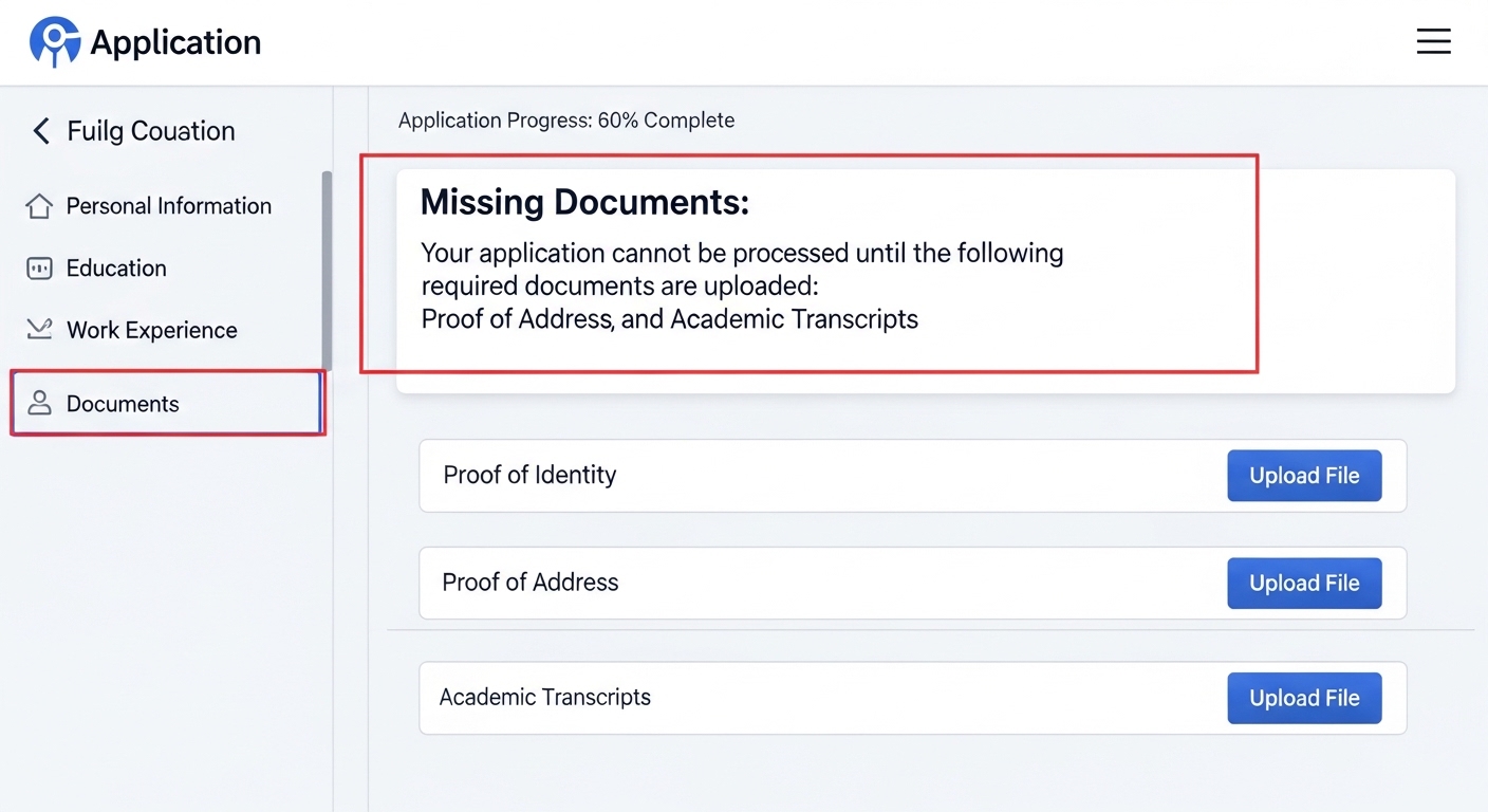 서류 누락 경고 메시지가 표시된 온라인 신청 화면