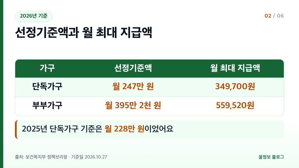 기초연금 선정기준액 단독가구 월 247만 원 부부가구 월 395만 2천 원 월 최대 지급액 표
