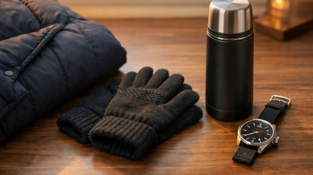 겨울 해돋이 준비 소품인 패딩, 장갑, 검은색 보온병, 그리고 검은 스트랩의 손목시계가 미니멀하게 배치된 모습