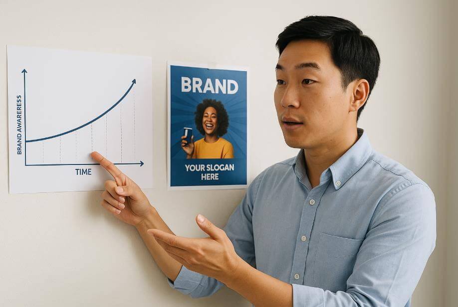 브랜드 인지도 상승 그래프와 광고 포스터를 설명하는 마케터