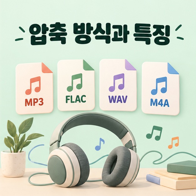 네 가지 오디오 파일의 압축 방식과 특징을 떠올리게 하는 파일 카드