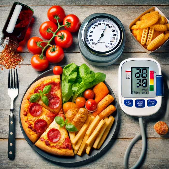 혈압 측정기 옆에 놓인 고염분 음식을 경고로 나타낸 이미지