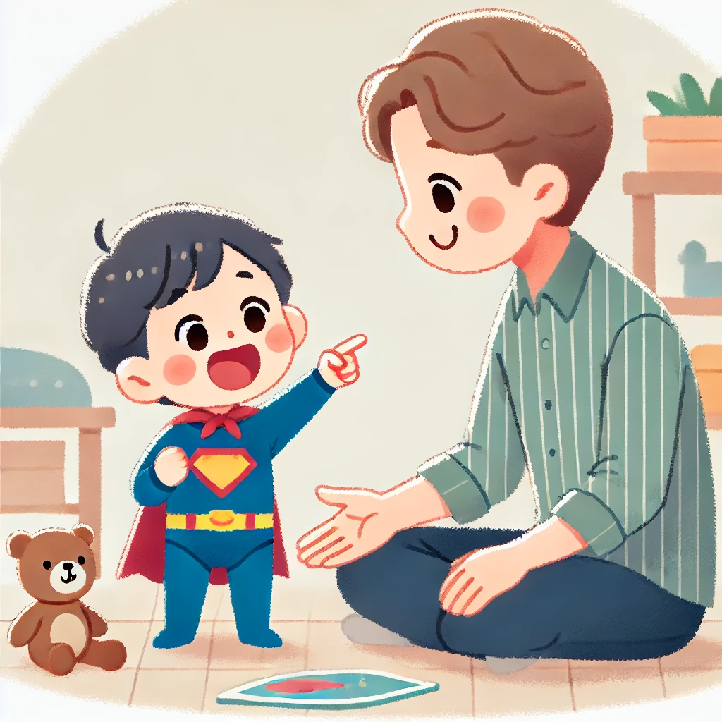 슈퍼맨옷입고 노는 아이를 지켜보고 있는 아빠 이미지