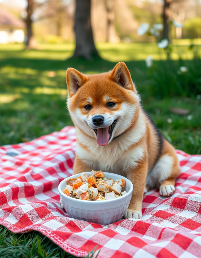 야외에서 맛있는 간식을 먹는 시바이누 강아지