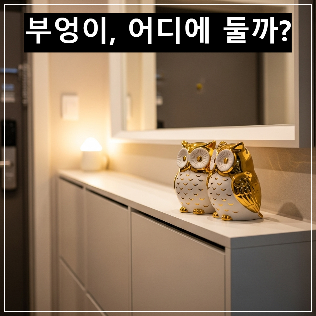 한국식 아파트 현관 신발장 위에 놓인 금색과 흰색의 귀여운 부엉이 장식품 한 쌍이 조명을 받아 반짝이며 현관을 지키고 있는 모습