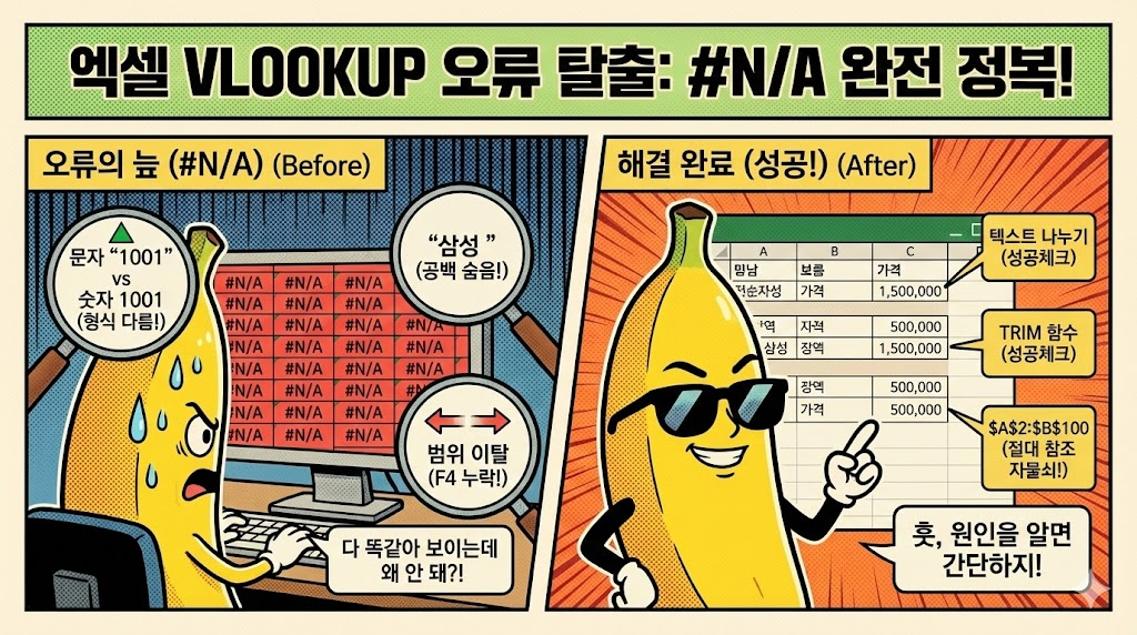 VLOOKUP 오류 해결: #N/A 오류가 뜨는 대표적인 3가지 이유와 해결책