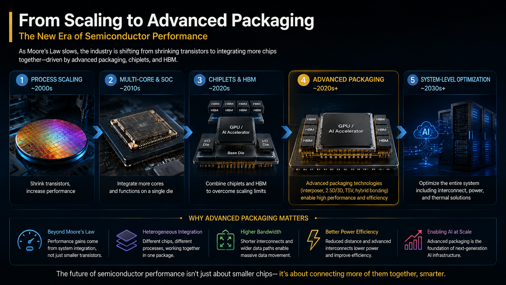 Semiconductor industry shift from process scaling to advanced packaging with chiplets and HBM