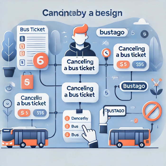 버스타고 플랫폼에서 승차권 취소 절차를 단계별로 안내하는 인포그래픽