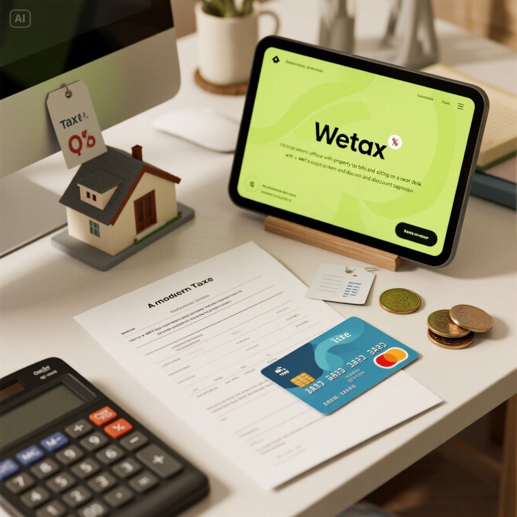 "재산세 고지서와 신용카드가 깔끔한 책상 위에 놓여 있고, 배경에는 위택스 앱 화면과 할인 태그가 은은하게 보이는 현대적인 사무실. 밝고 신뢰감 있는 분위기, 돈과 절약을 상징하는 동전과 계산기 요소 포함.”