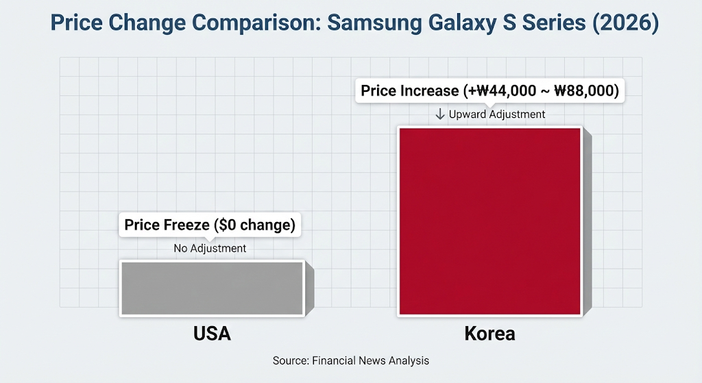 한국과 미국 시장의 갤럭시 S26 예상 가격 변동폭 비교 막대 그래프