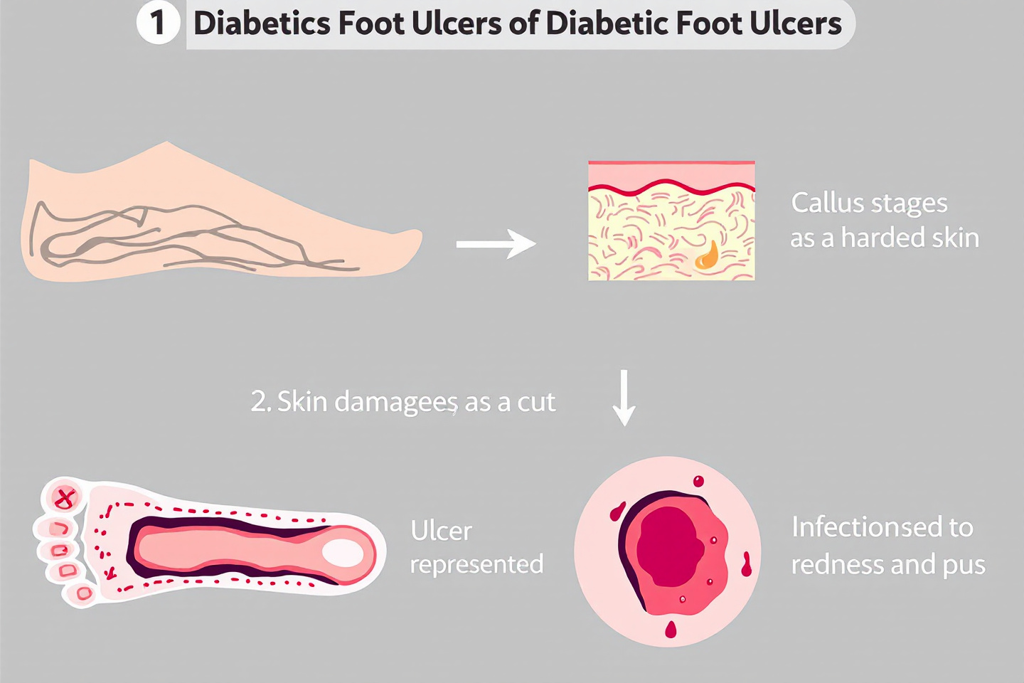 "당뇨성 족부궤양의 진행 단계를 보여주는 다이어그램: 굳은살 → 피부 손상 → 궤양 → 감염"