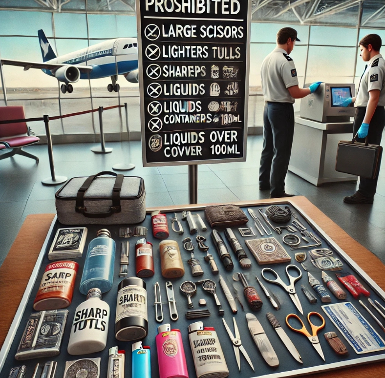 기내반입금지물품이 책상에 놓여있는 모습