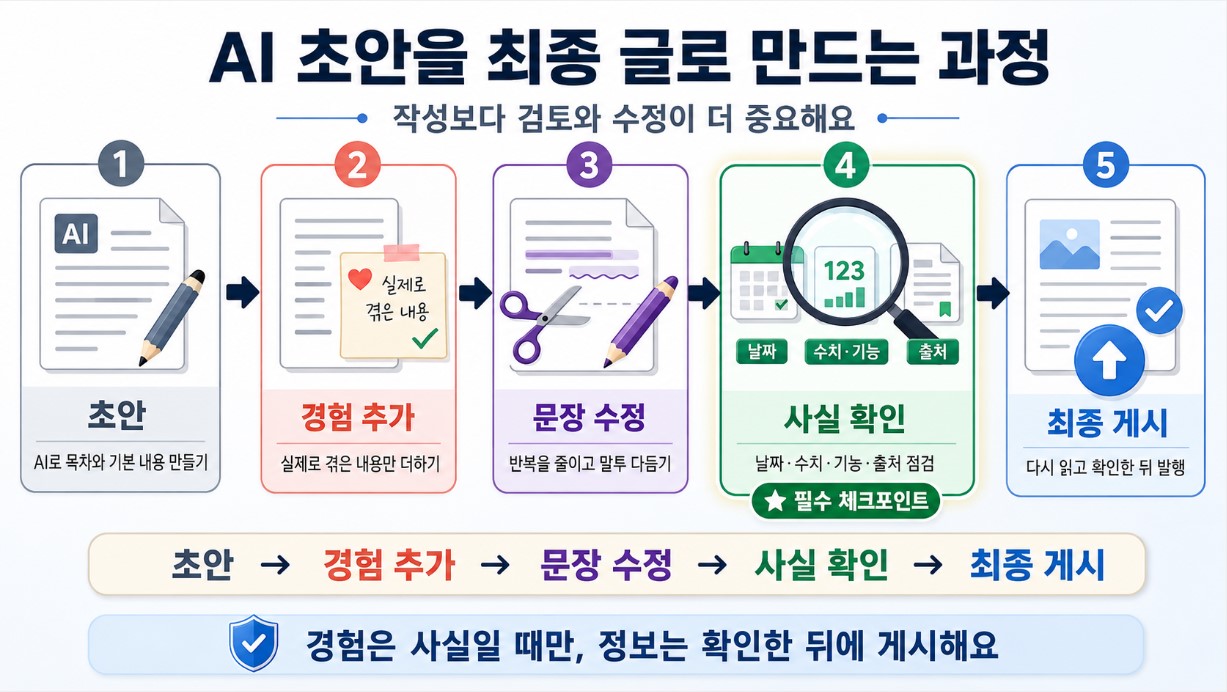 초안 → 경험 추가 → 문장 수정 → 사실 확인 → 최종 게시 흐름도