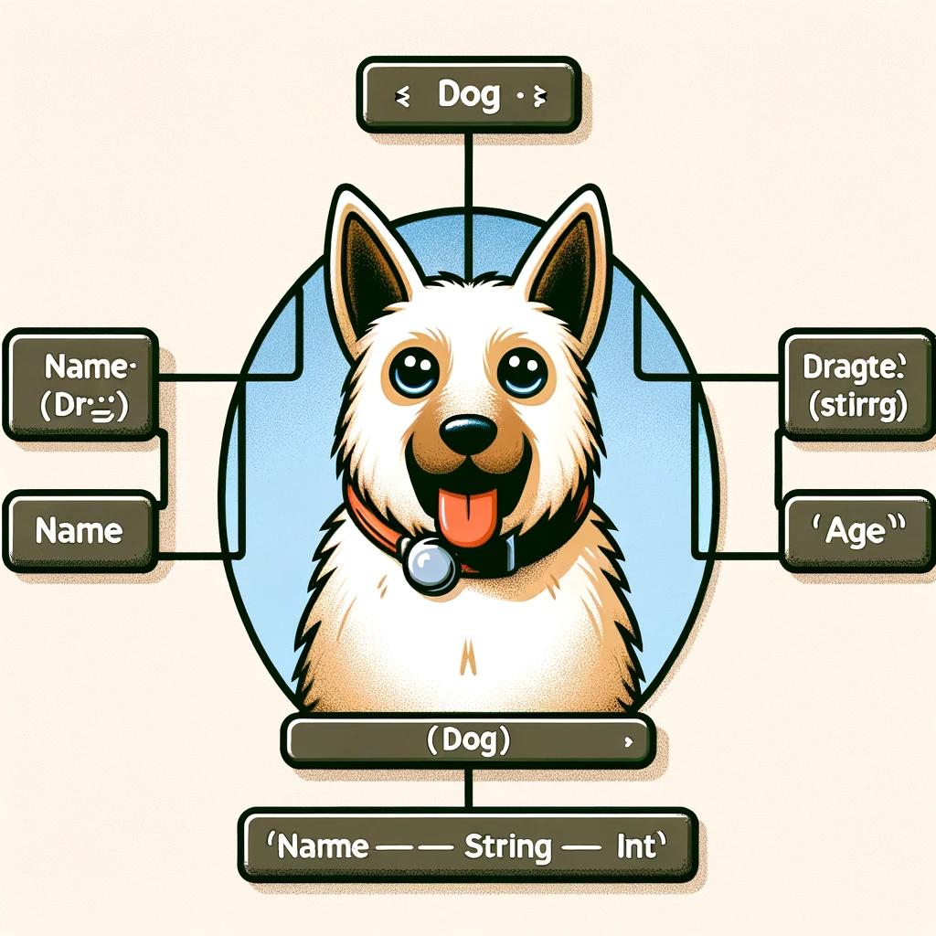 초보자가 프로그래밍에서 클래스와 객체의 개념을 쉽게 파악할 수 있도록 설계된 Dog 클래스의 예를 보여주는 시각적 다이어그램