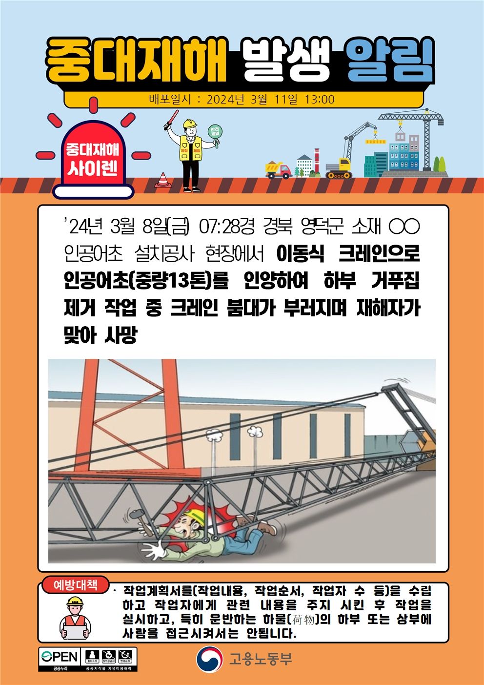이동식 크레인으로 인공어초 인양 작업 중 붐대가 부려지며 맞음