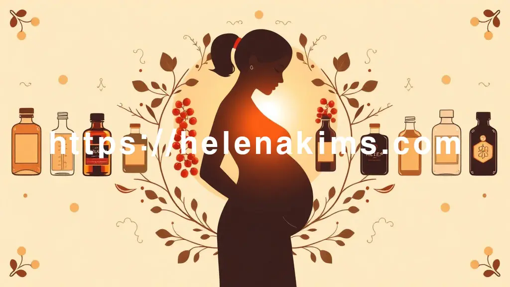 빛나는 오미자 열매를 중앙에 두고, 그 주변에 임산부의 섬세한 실루엣, 다양한 종류의 약병들이 놓여 있는 이미지.